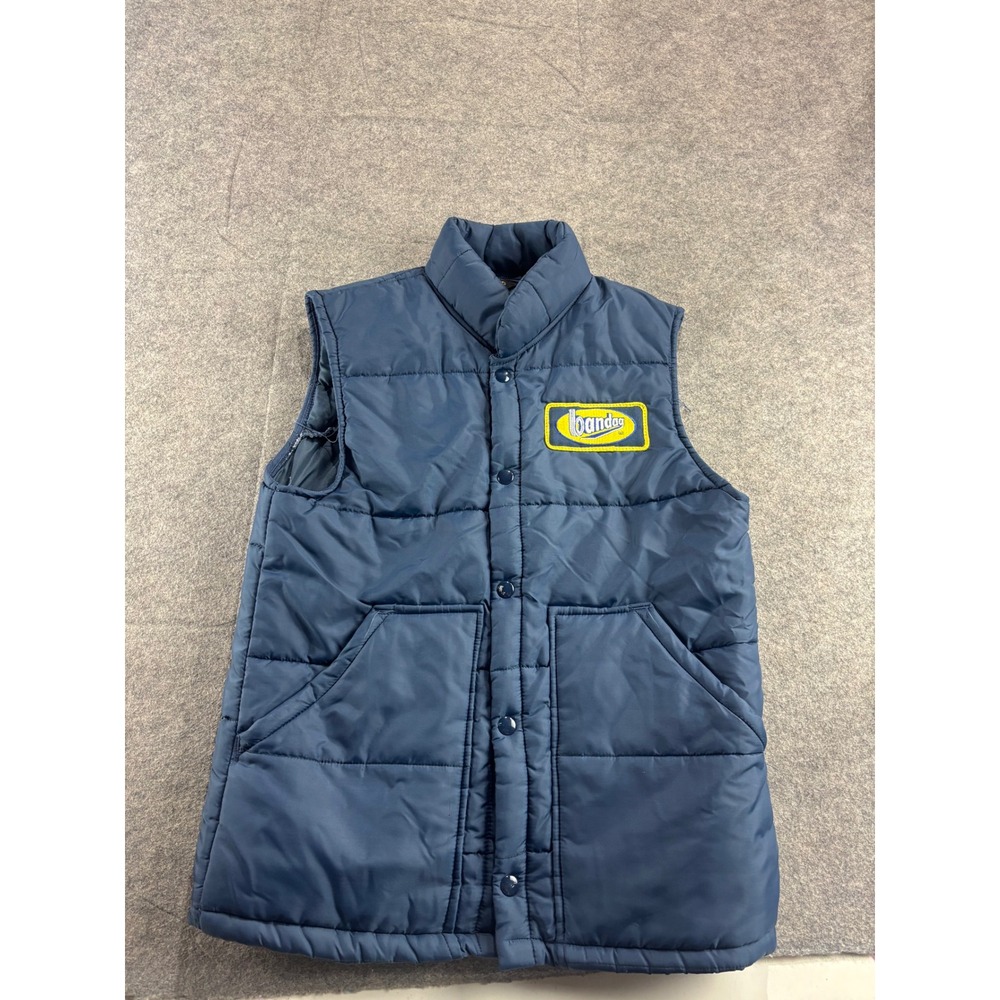Vintage Swingster Bandag Puffer Vest Navy Blue Quilted Snap Front XS Mens